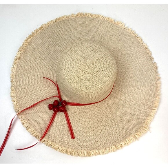 Wide Brim Straw Grass Woven Sun Hat with Cherries Womans Beach Boho Peasant - Picture 1 of 13
